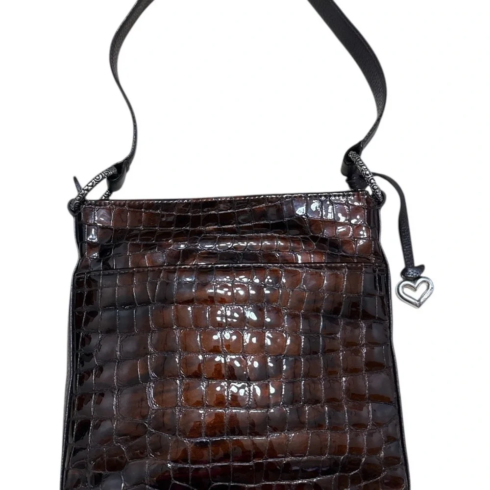 Brighton Croc‑Embossed Patent Leather Shoulder Bag – Metallic Copper Brown